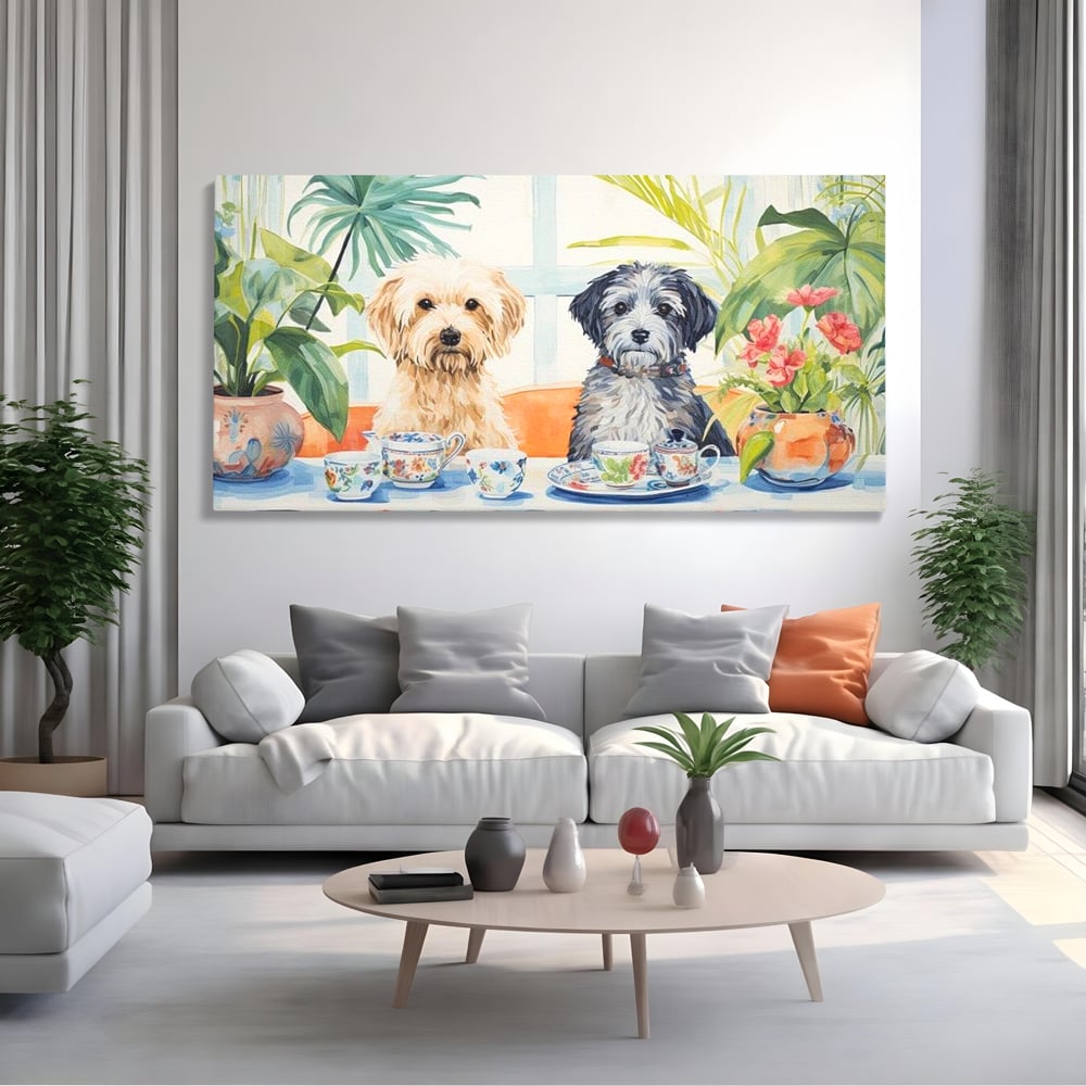 Tablou canvas cu pictura cu doi catei la ceai, fara rama, pe sasiu de lemn, pe perete intr-un living